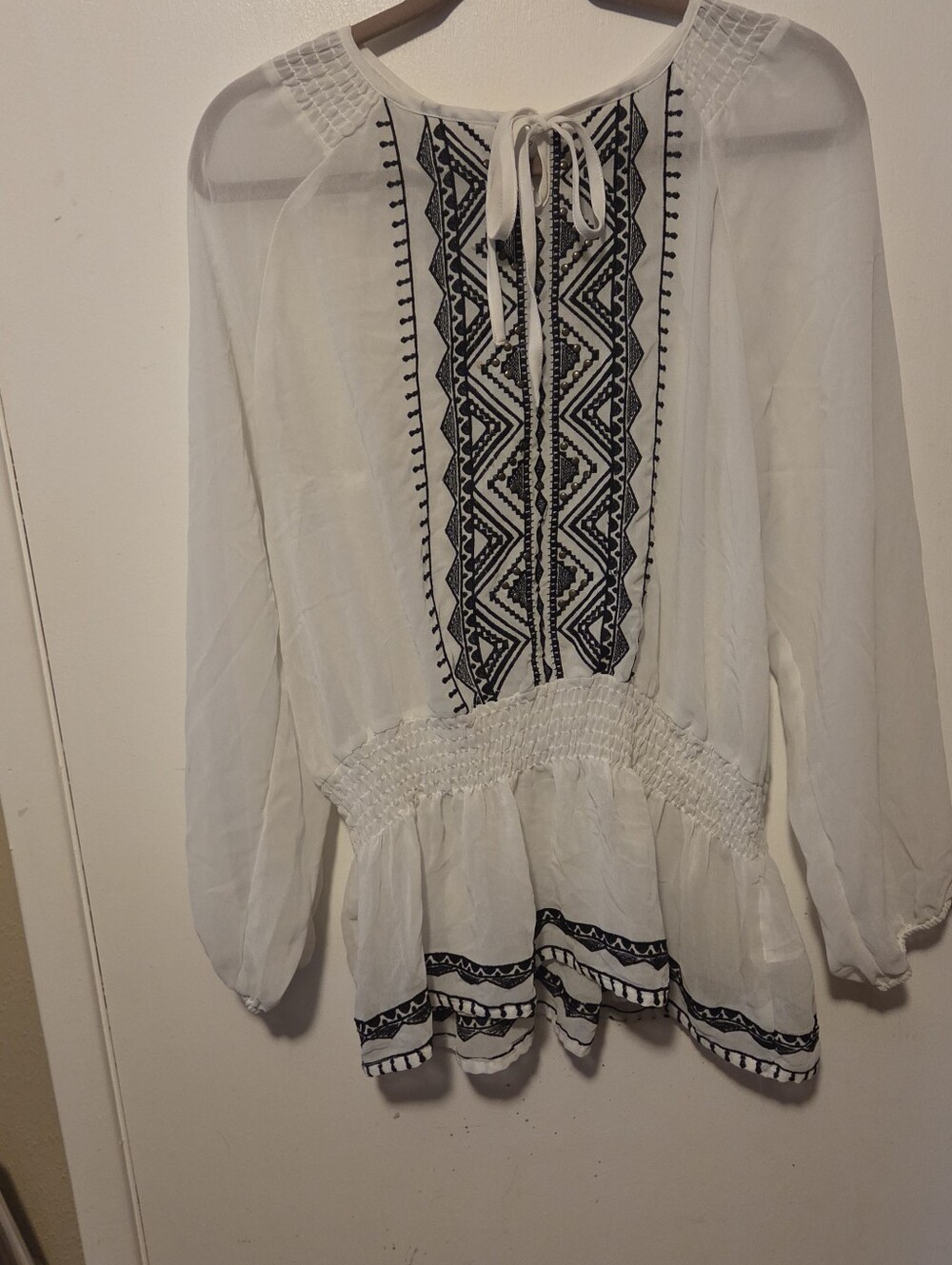 White Embroidered Peasant Tunic Top with Smocked Waist - Picture 1 of 1